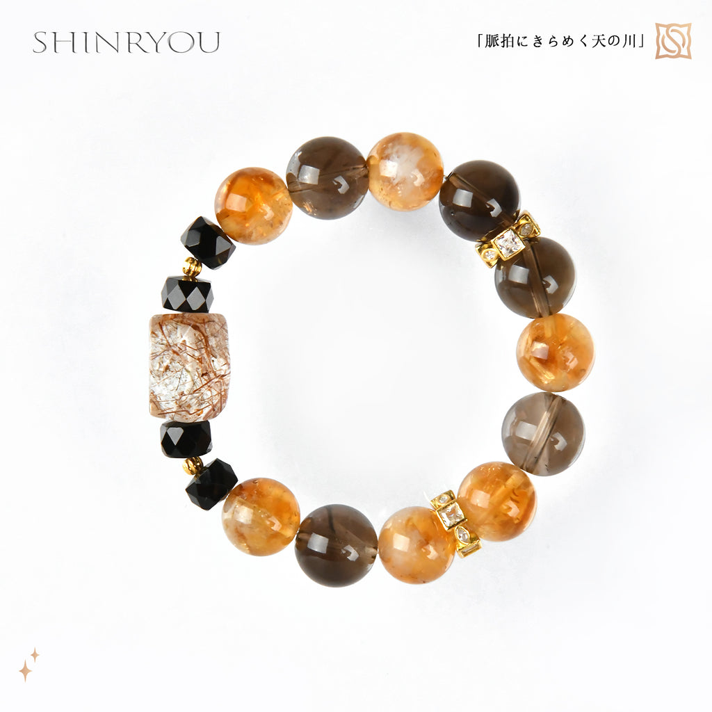 シトリンスモーキークオーツカットルチルブレスレット