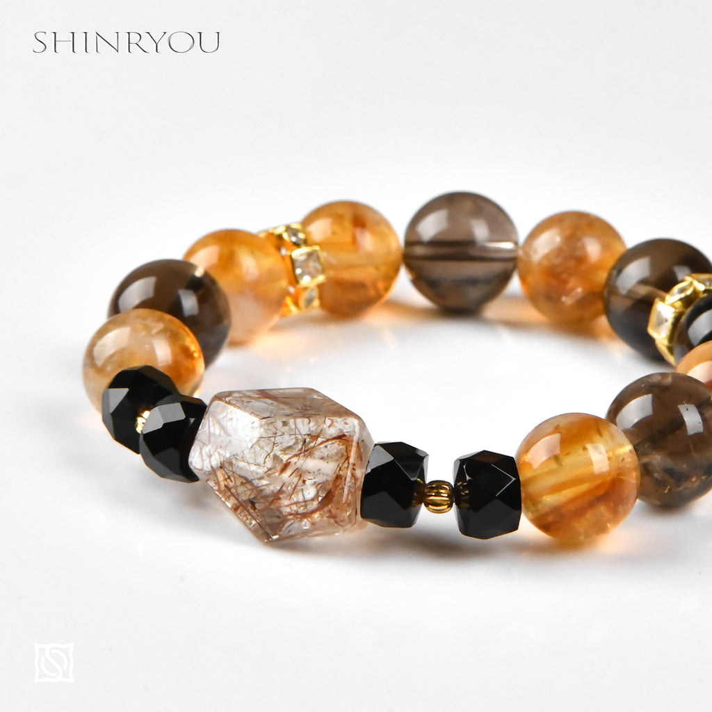 シトリンスモーキークオーツカットルチルブレスレット