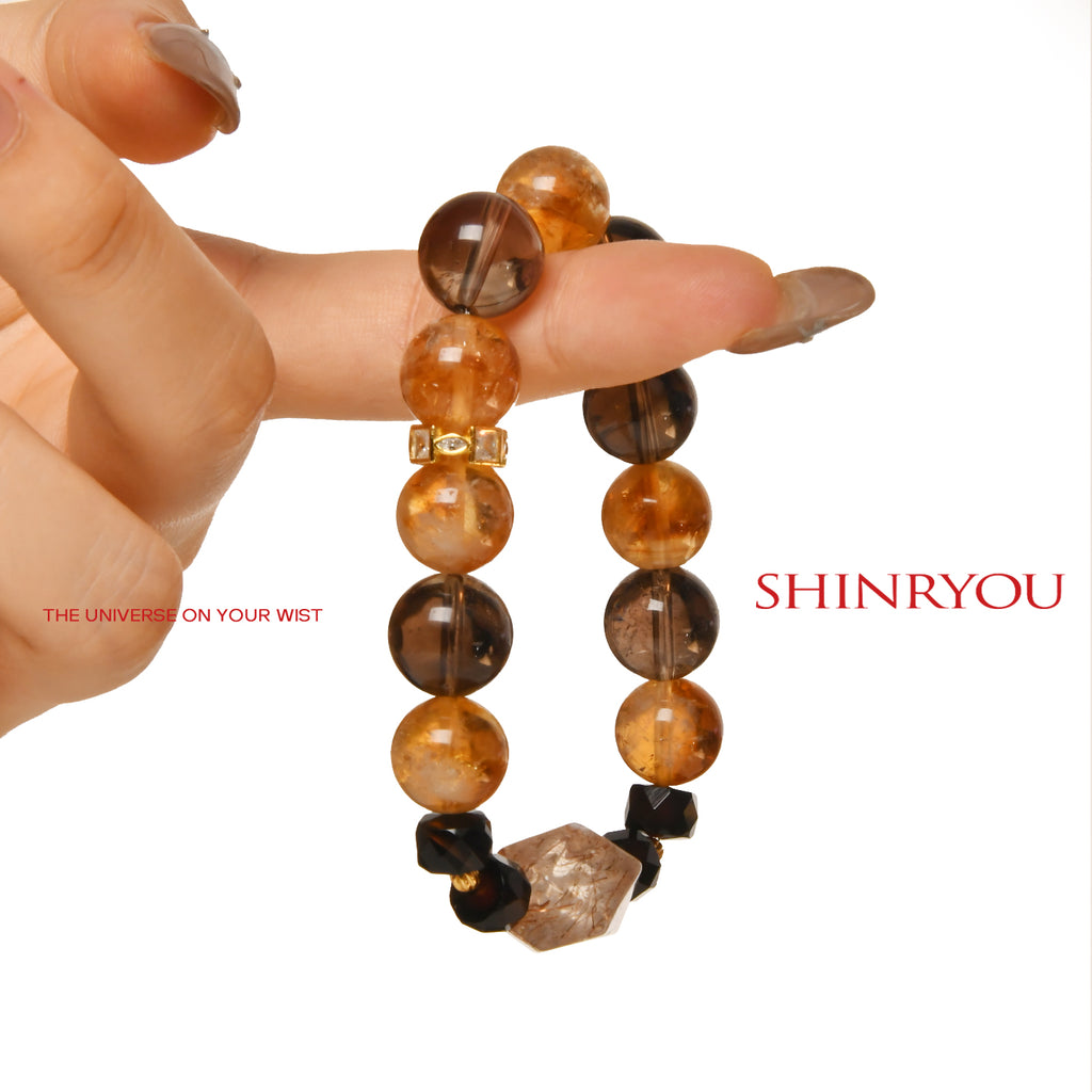 シトリンスモーキークオーツカットルチルブレスレット